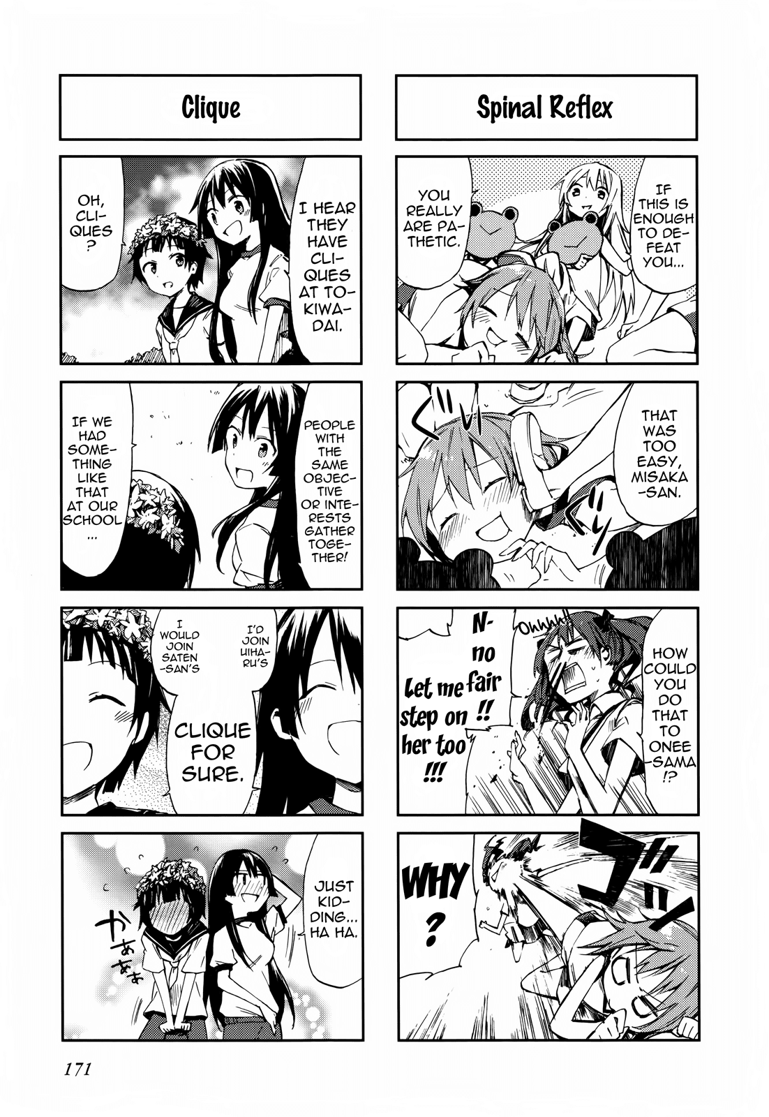 4-koma Koushiki Anthology - Toaru Kagaku no Railgun x Toaru Majutsu no Index Chapter 26 page 3 - Chapter 26: Frog-Out