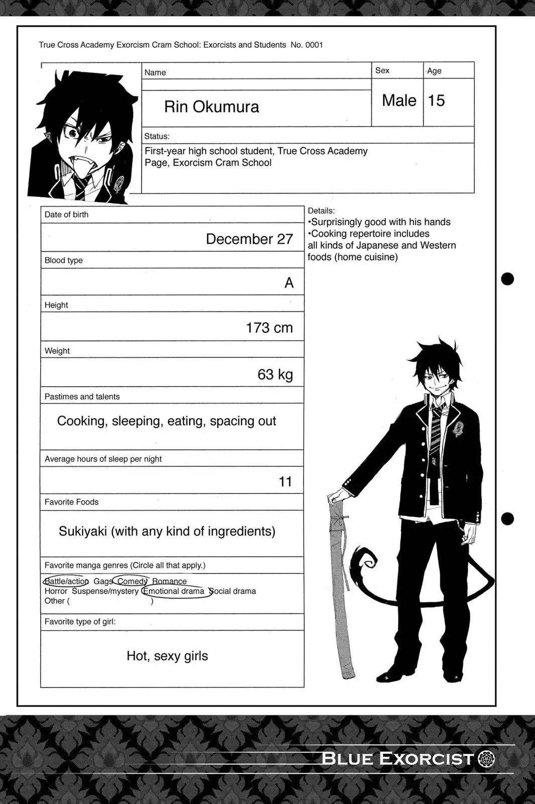 Ao no Exorcist Chapter 3.5 page 2 - Vol.1 Chapter Bonus: Character Case Files, Illustrated Guide to Satan & Initial Setting Images
