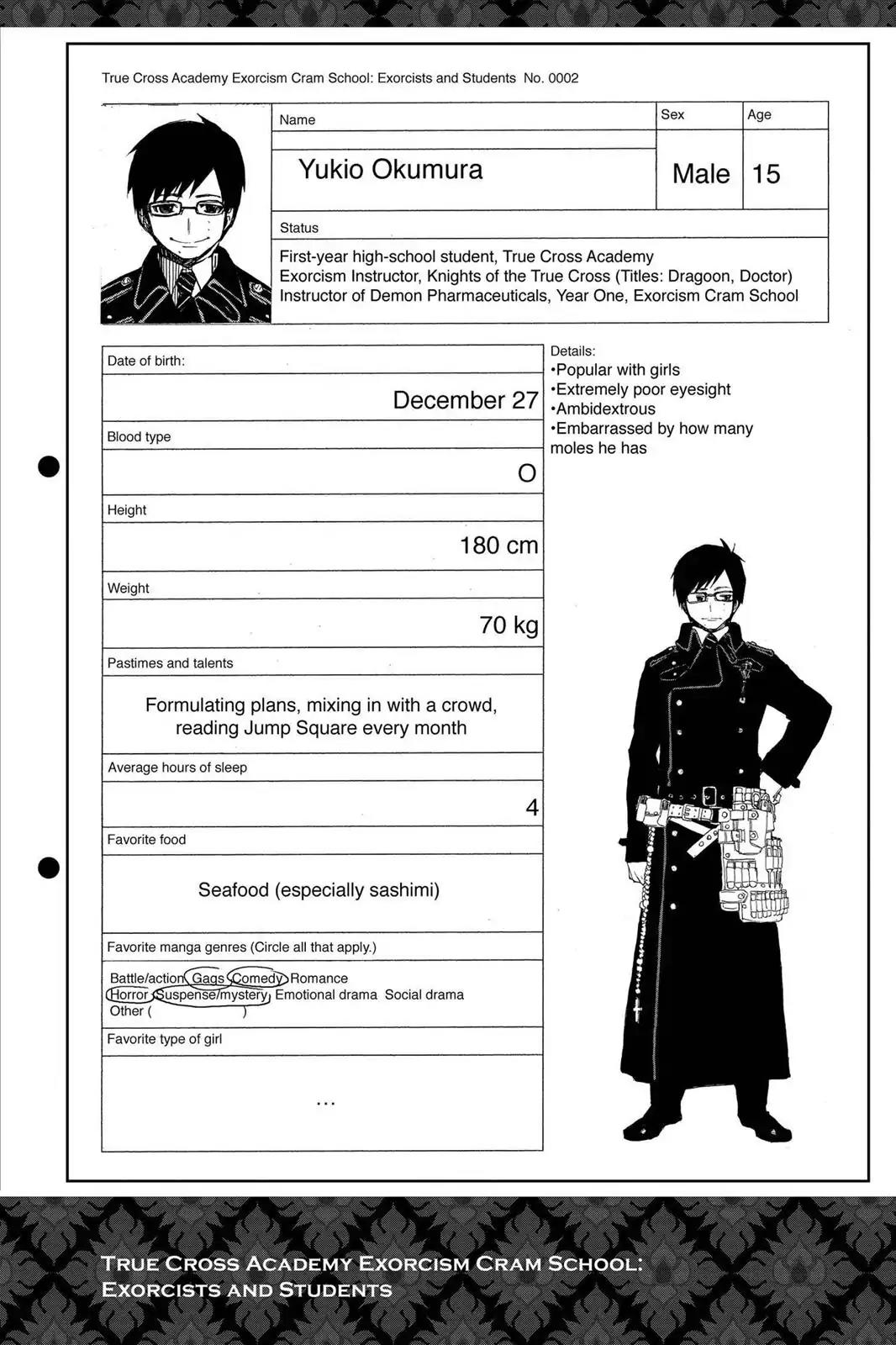 Ao no Exorcist Chapter 3.5 page 3 - Vol.1 Chapter Bonus: Character Case Files, Illustrated Guide to Satan & Initial Setting Images