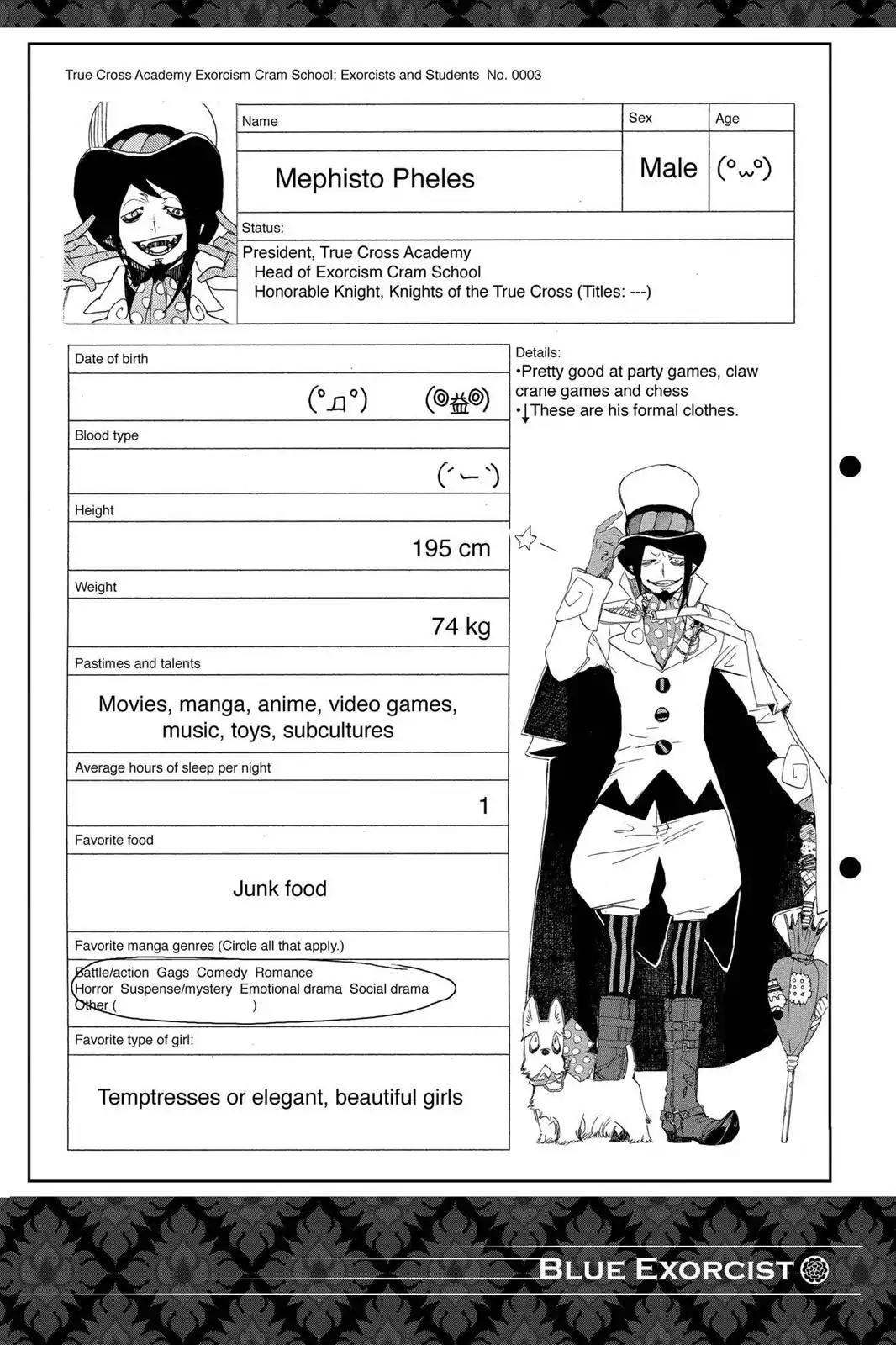 Ao no Exorcist Chapter 3.5 page 4 - Vol.1 Chapter Bonus: Character Case Files, Illustrated Guide to Satan & Initial Setting Images