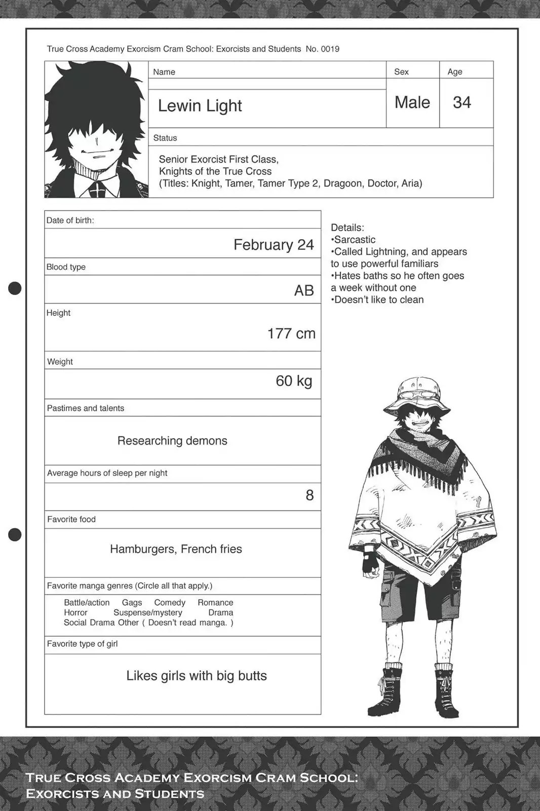 Ao no Exorcist Chapter 47.5 page 3 - Vol.11 Chapter Bonus: Character Case Files, Blue Questorcist Q&A & Fan Art Corner