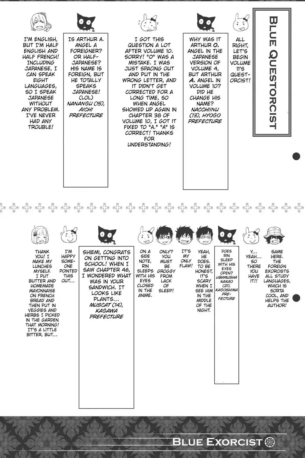 Ao no Exorcist Chapter 47.5 page 4 - Vol.11 Chapter Bonus: Character Case Files, Blue Questorcist Q&A & Fan Art Corner