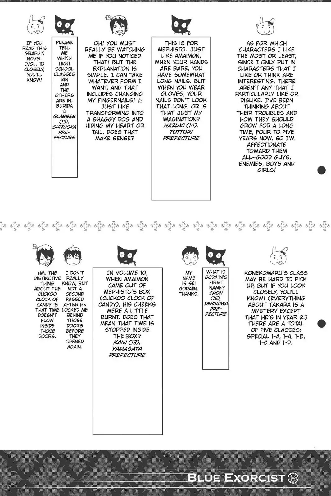 Ao no Exorcist Chapter 47.5 page 6 - Vol.11 Chapter Bonus: Character Case Files, Blue Questorcist Q&A & Fan Art Corner