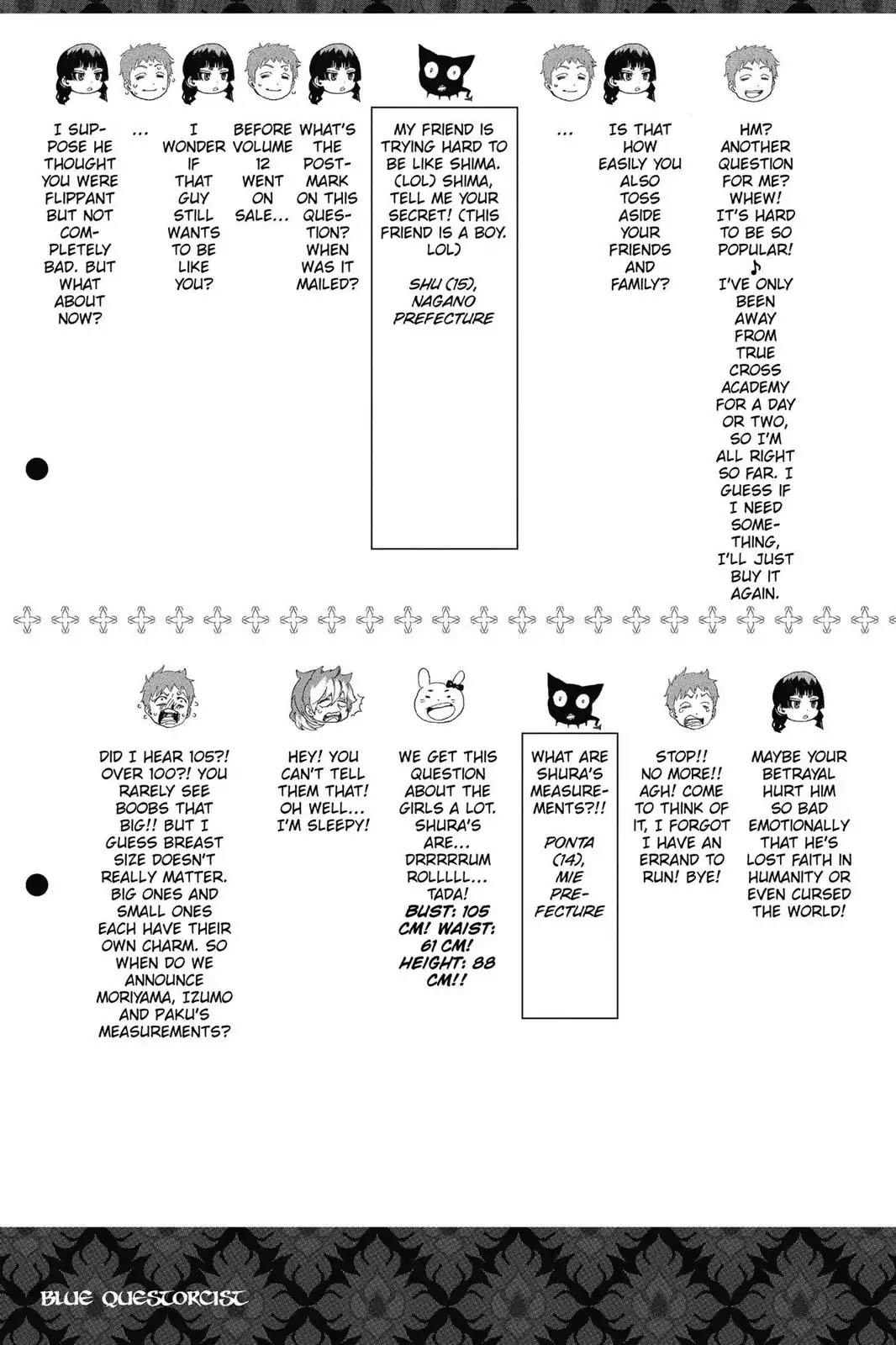 Ao no Exorcist Chapter 57.5 page 3 - Vol.13 Chapter Bonus: Blue Questorcist Q&A & Fan Art Corner