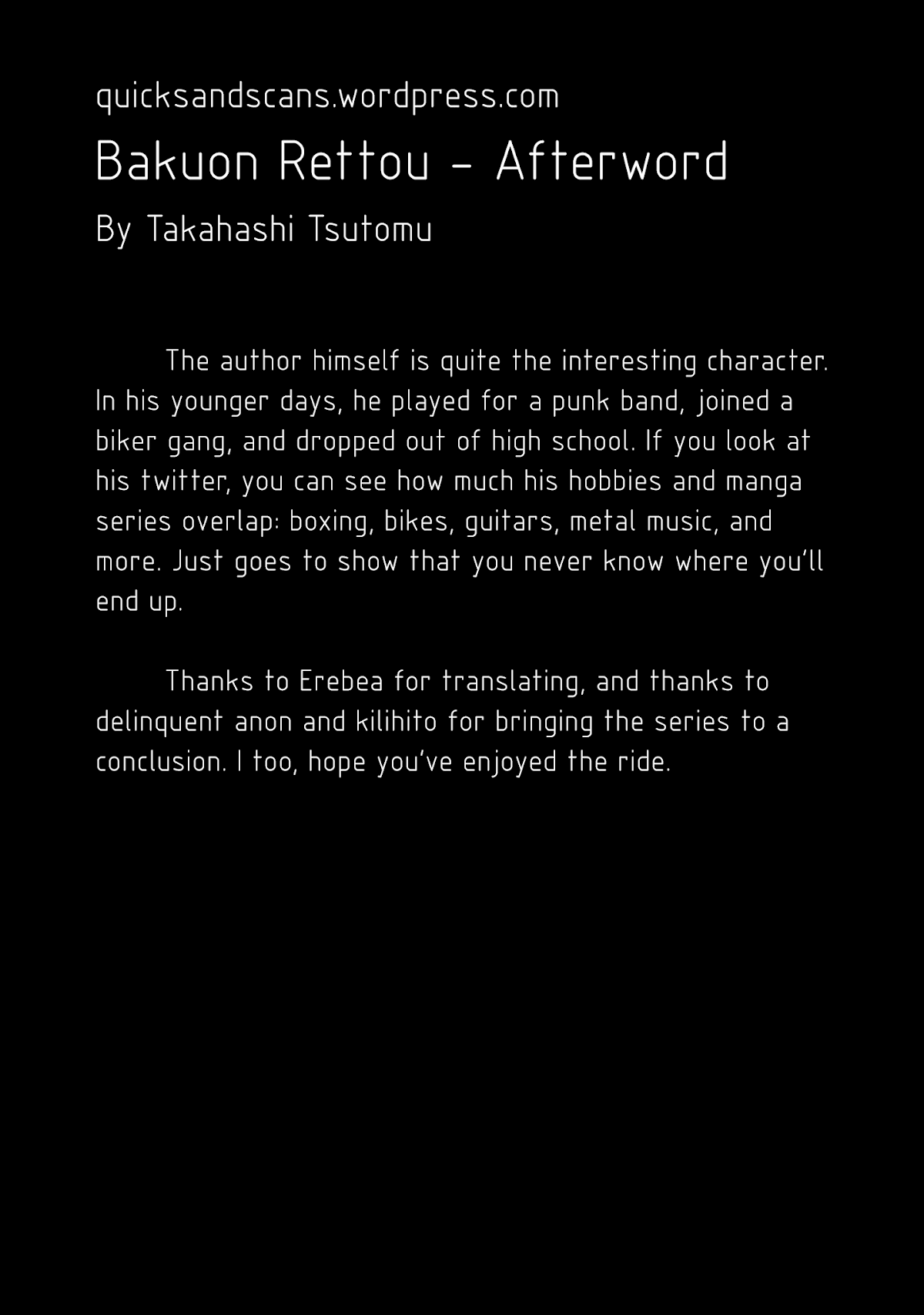 Bakuon Rettou Chapter 105.5 page 1 - Chapter 105.5: Afterword