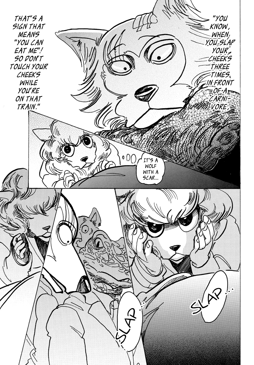 Beastars Chapter 100 page 14 - Chapter 100: What Happens when you Bust a Tire in a Very Full Train?