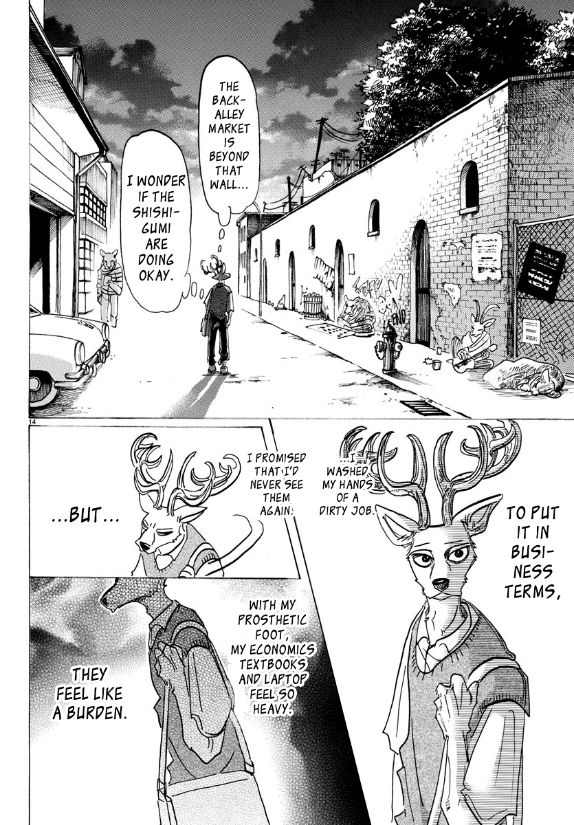 Beastars Chapter 130 page 14 - Chapter 130: His Lead-Colored Prosthetic Leg is Sometimes Rainbow-Colored Under the Sun