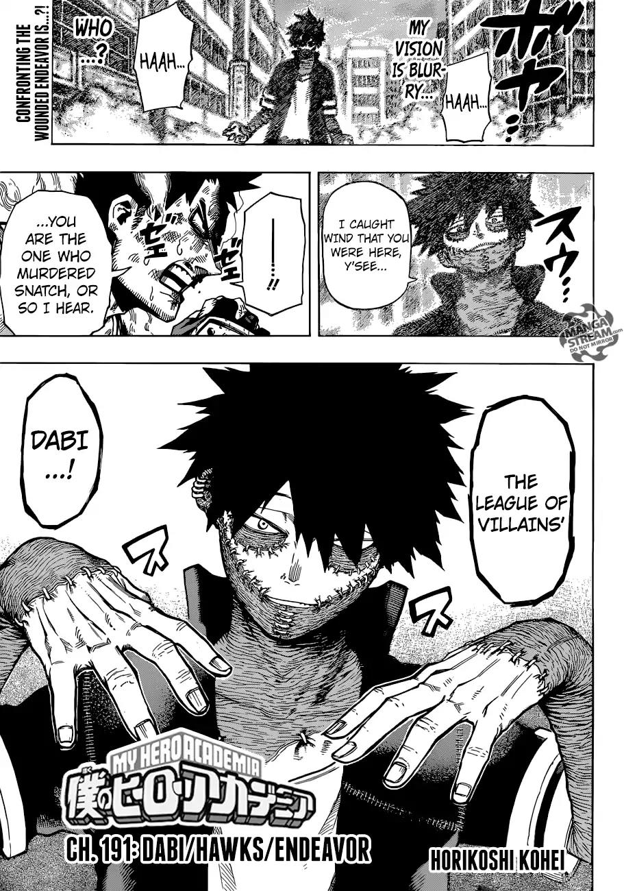 Boku no Hero Academia Chapter 191 page 1 - Chapter 191: Dabi/Hawks/Endeavor