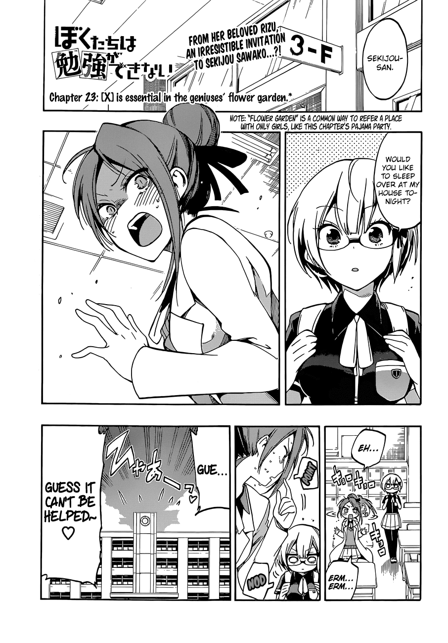Bokutachi wa Benkyou ga Dekinai Chapter 23 page 1 - Chapter 23: [X] is essential in the geniuses’ flower garden.