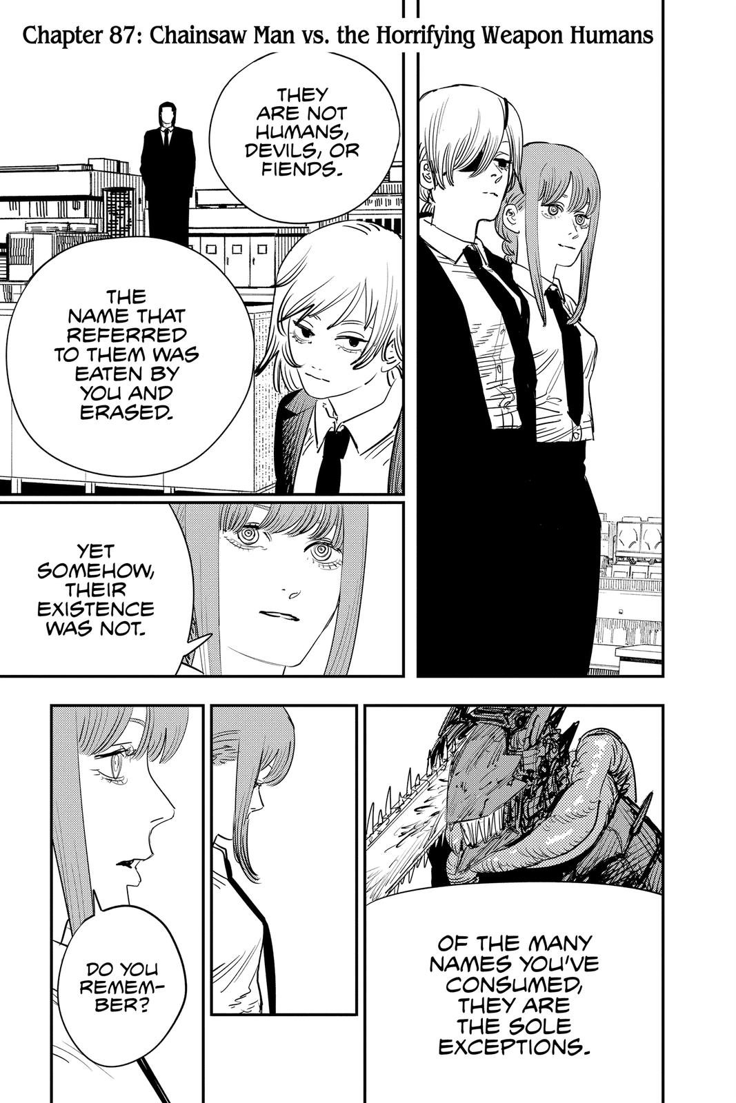 Chainsaw Man Chapter 87 page 1 - Chapter 87: Chainsaw Man Vs. the Horrifying Weapon Humans