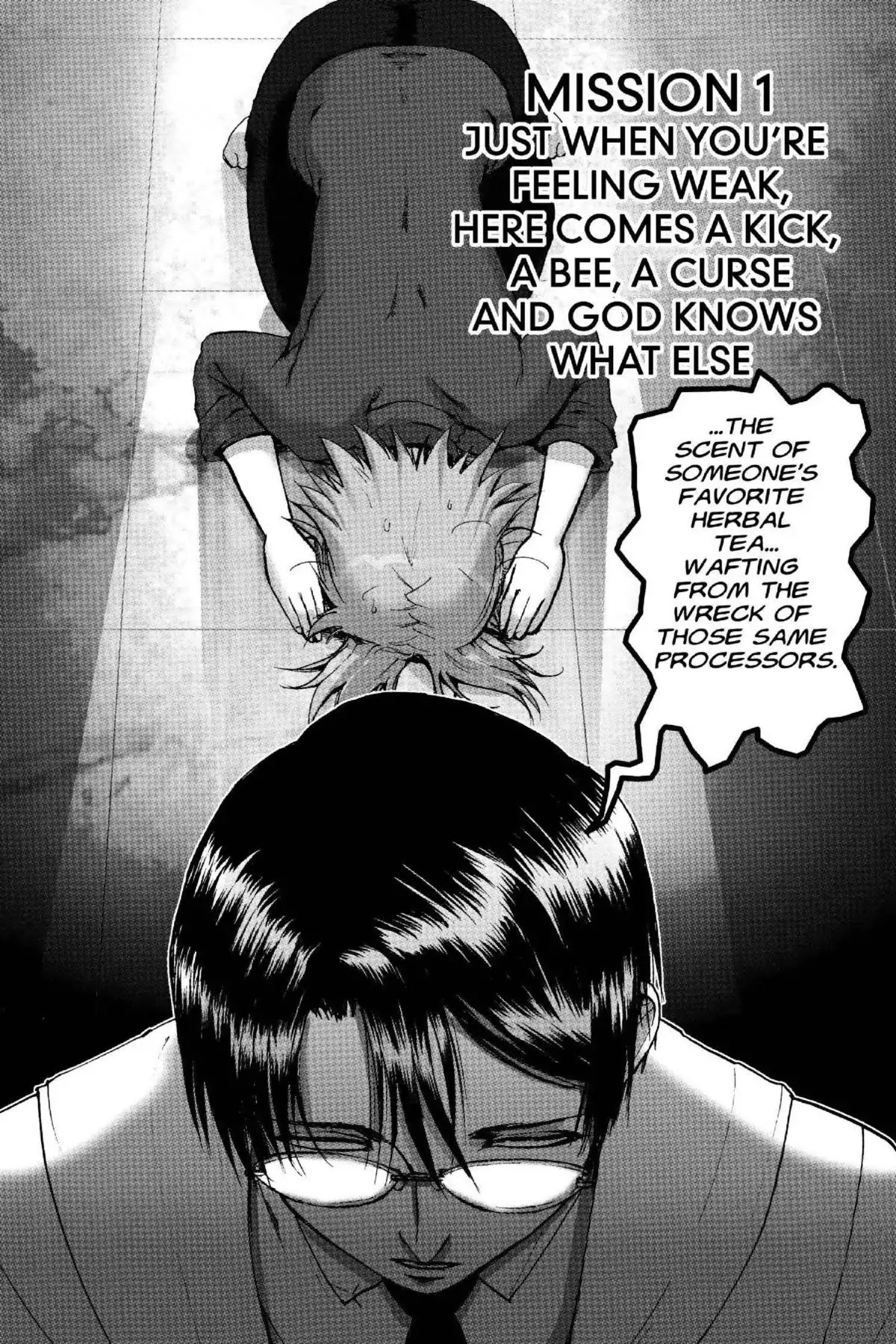 Excel Saga Chapter 19.1 page 5 - Vol.19 Mission 1: Just When You're Feeling Weak, Here Comes a Kick, a Bee, a Curse and God Knows What Else