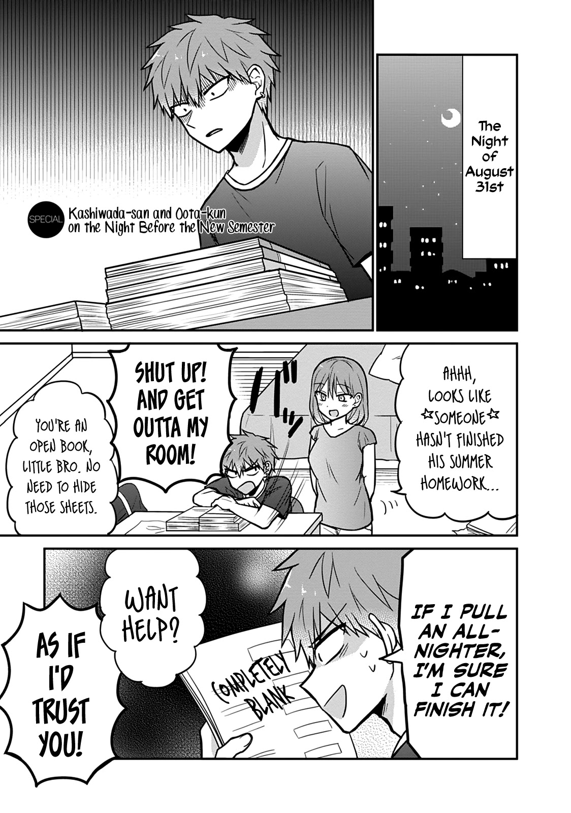 Expressionless Face Girl and Emotional Face Boy Chapter 37.5 page 1 - Chapter 37.5: Kashiwada-san and Oota-kun on the Night Before the New Semester