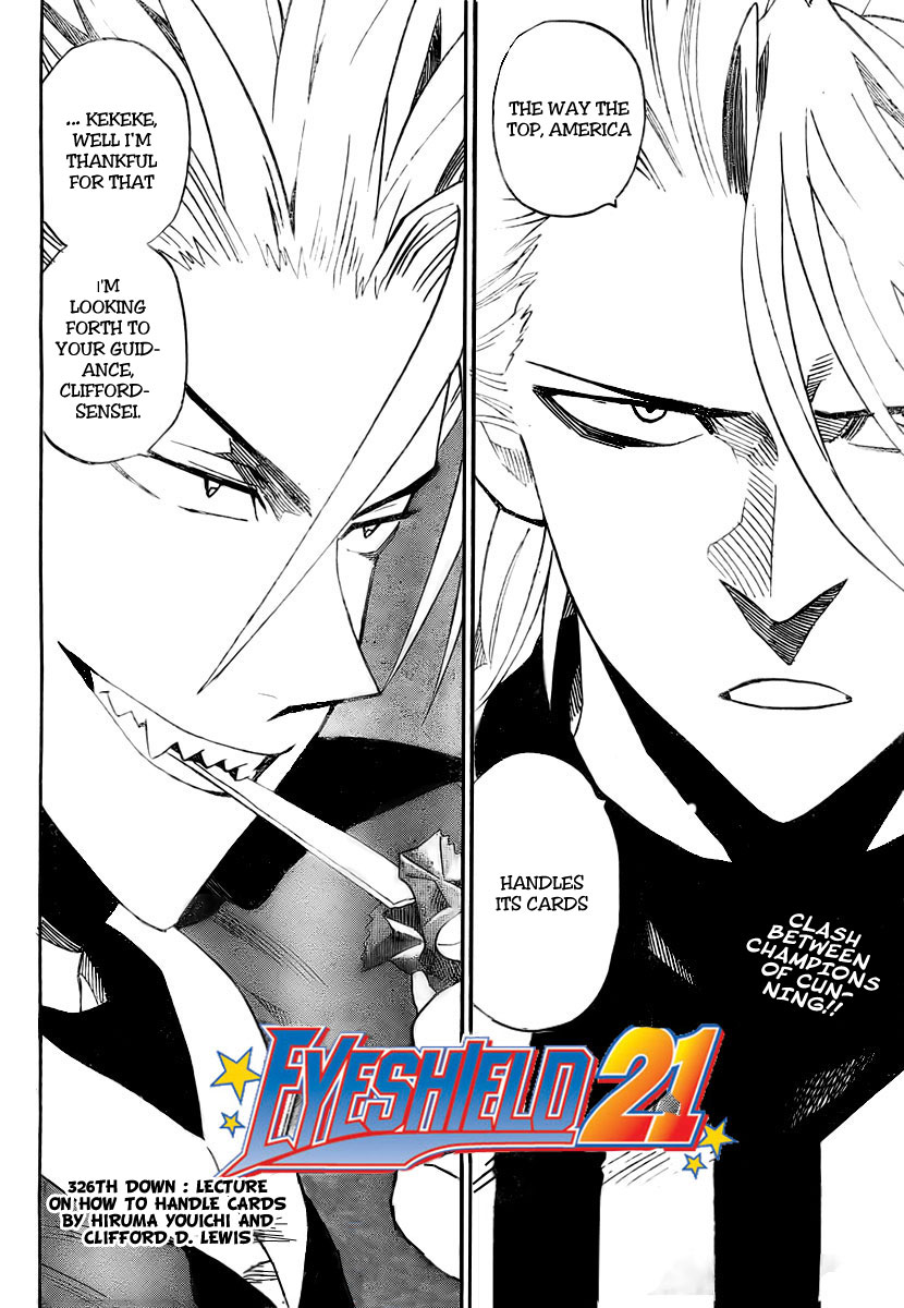 Eyeshield 21 Chapter 326 page 4 - Chapter 326: Lecture on How to Handle Cards by Hiruma Youichi and Cliffford D. Lewis