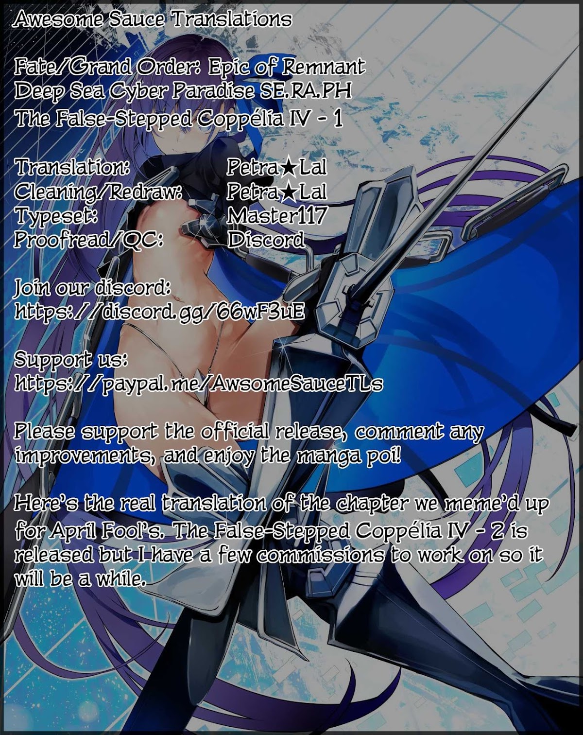 Fate/Grand Order: Epic of Remnant - Deep Sea Cyber-Paradise SE.RA.PH Chapter 11.1 page 1 - Chapter 11.1: The False-Stepped Coppélia IV - 1
