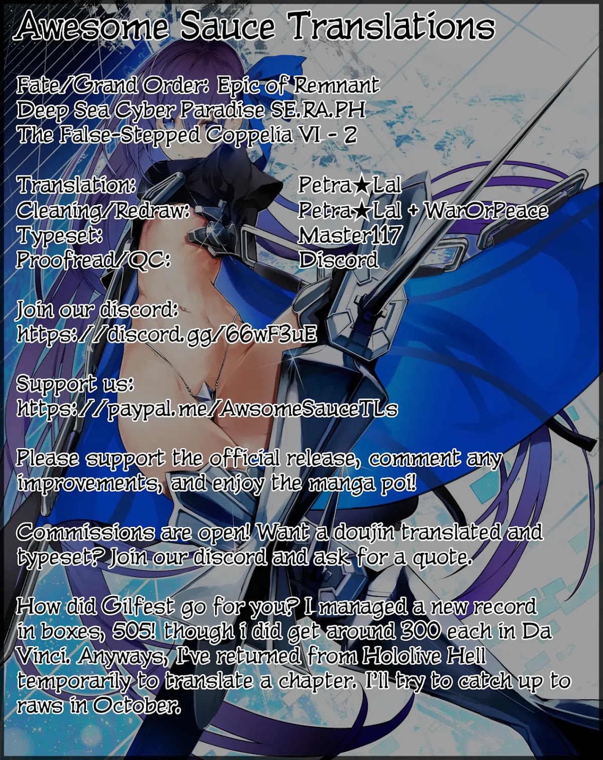 Fate/Grand Order: Epic of Remnant - Deep Sea Cyber-Paradise SE.RA.PH Chapter 13.2 page 1 - Chapter 13.2: The False-Stepped Coppélia VI - 2