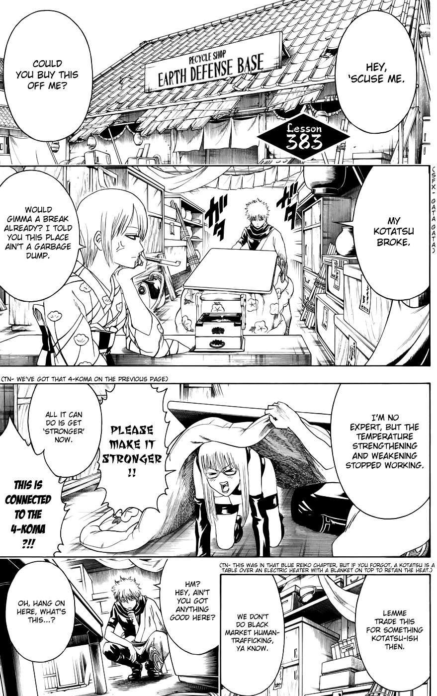 Gintama Chapter 383 page 1 - Chapter 383: When You're Sleeping Under a Kotatsu, Be Careful You Don't Cook Your ...tama
