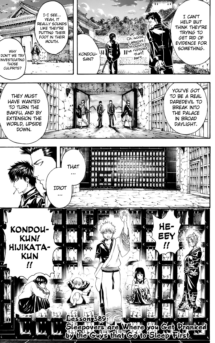 Gintama Chapter 389.2 page 3 - Chapter 389 (v2) : Sleepovers are Where You Get Pranked by the Guys That Go to Sleep Fi...