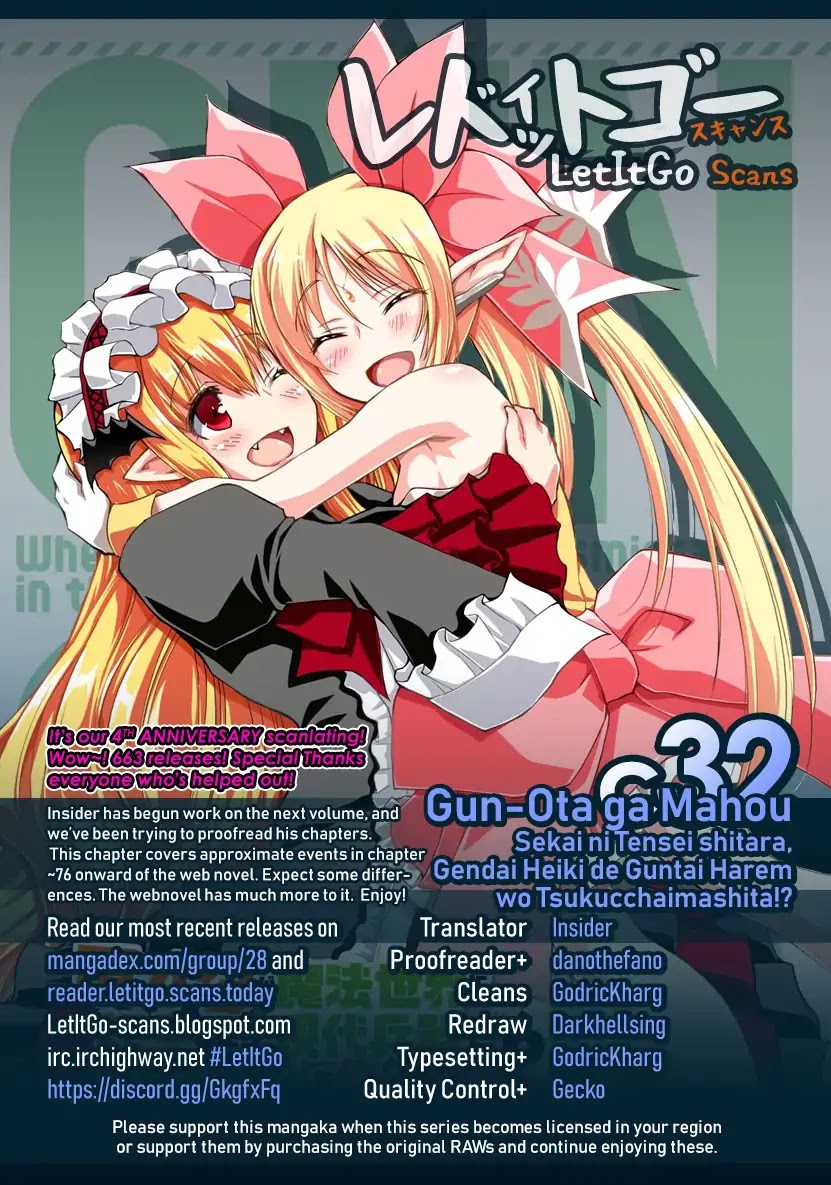 Gunota ga Mahou Sekai ni Tensei Shitara, Gendai Heiki de Guntai Harem o Tsukucchaimashita!? Chapter 32 page 1 - Chapter 32
