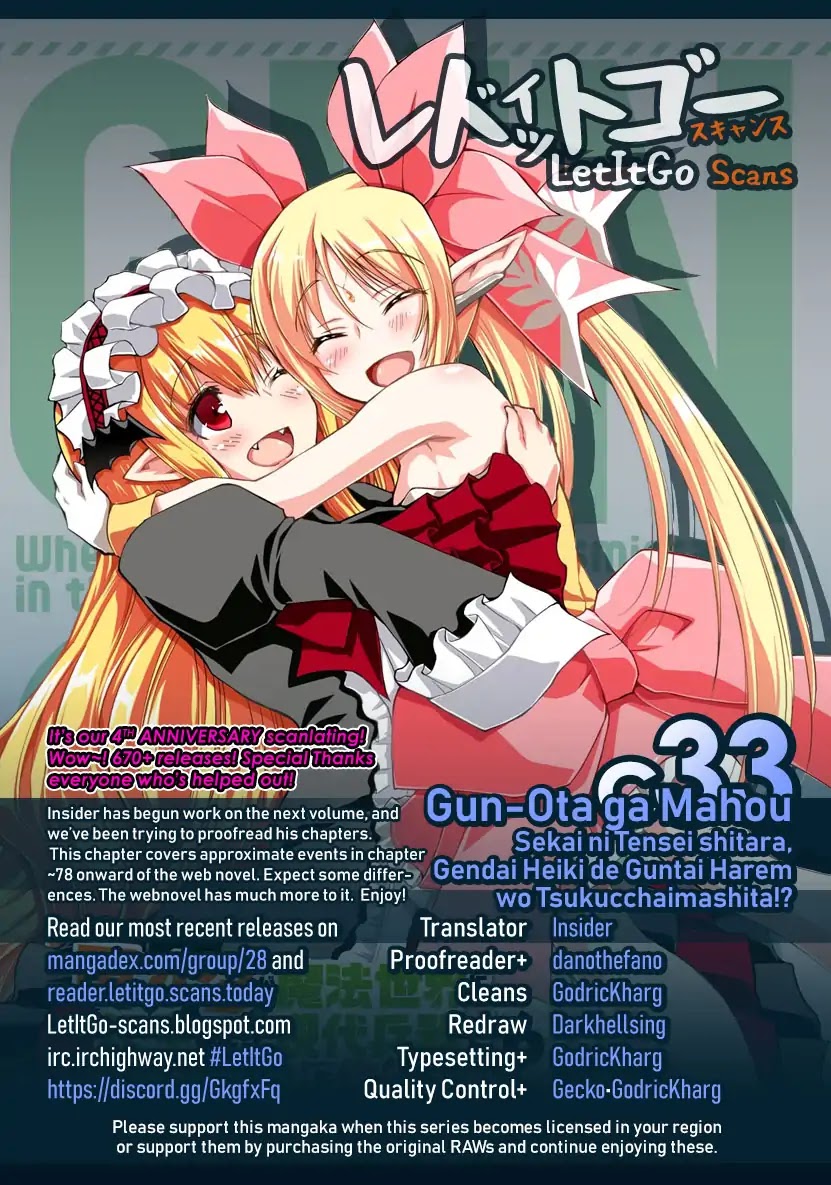 Gunota ga Mahou Sekai ni Tensei Shitara, Gendai Heiki de Guntai Harem o Tsukucchaimashita!? Chapter 33 page 1 - Chapter 33