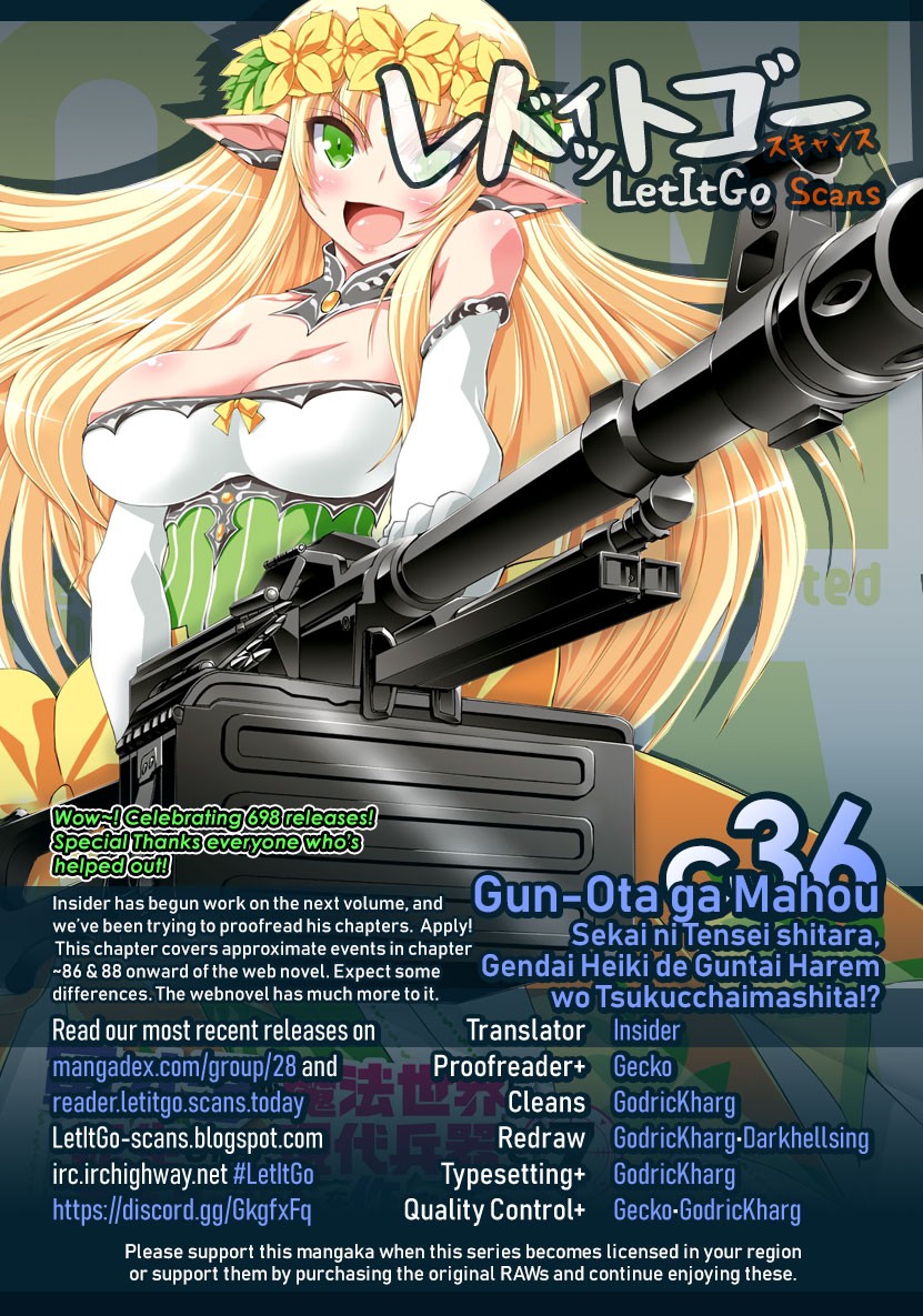 Gunota ga Mahou Sekai ni Tensei Shitara, Gendai Heiki de Guntai Harem o Tsukucchaimashita!? Chapter 36 page 1 - Chapter 36