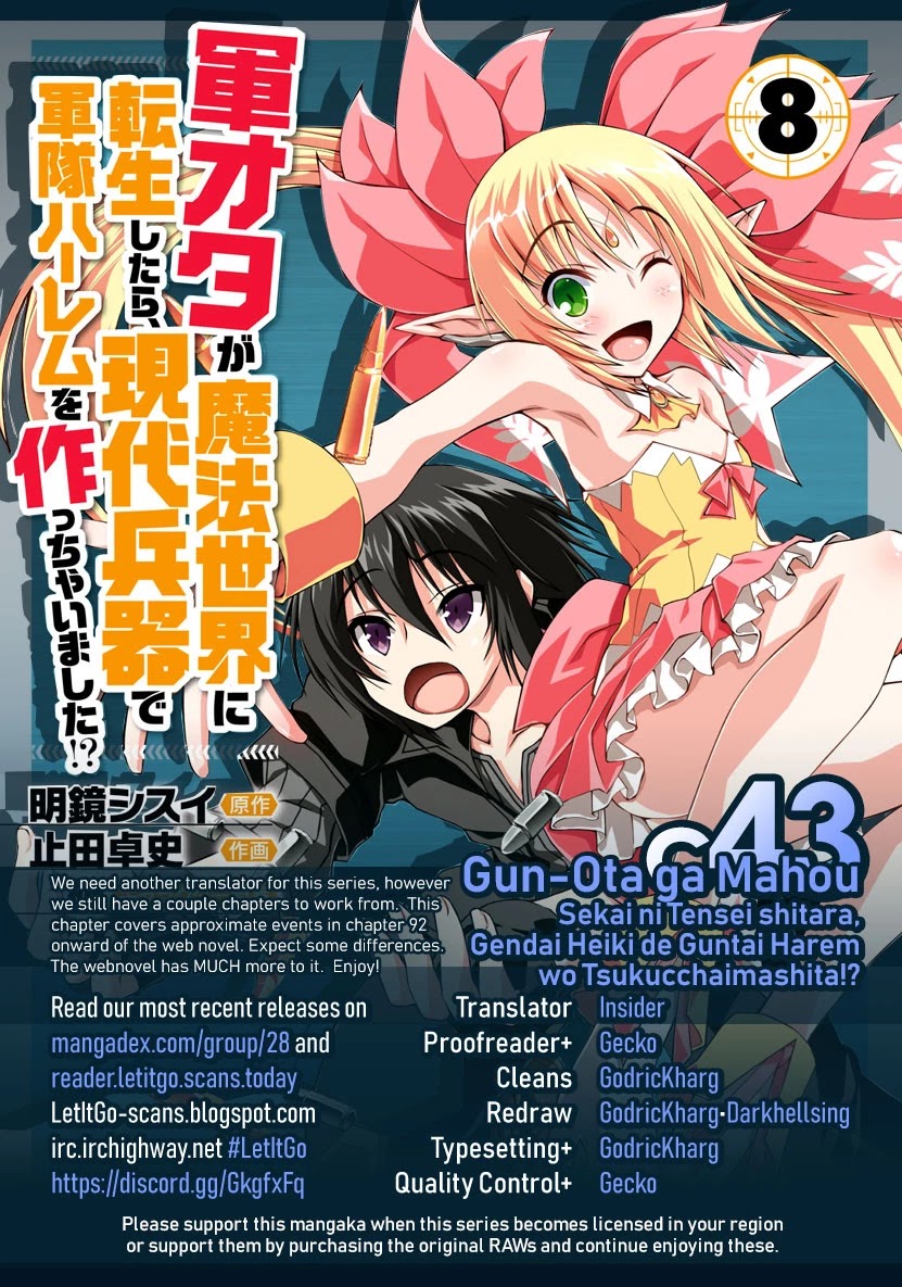 Gunota ga Mahou Sekai ni Tensei Shitara, Gendai Heiki de Guntai Harem o Tsukucchaimashita!? Chapter 43 page 1 - Chapter 43
