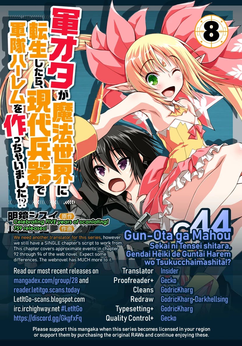 Gunota ga Mahou Sekai ni Tensei Shitara, Gendai Heiki de Guntai Harem o Tsukucchaimashita!? Chapter 44 page 1 - Chapter 44
