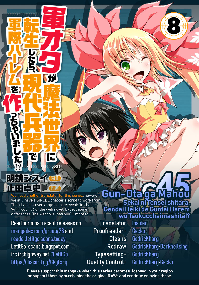 Gunota ga Mahou Sekai ni Tensei Shitara, Gendai Heiki de Guntai Harem o Tsukucchaimashita!? Chapter 45 page 1 - Chapter 45