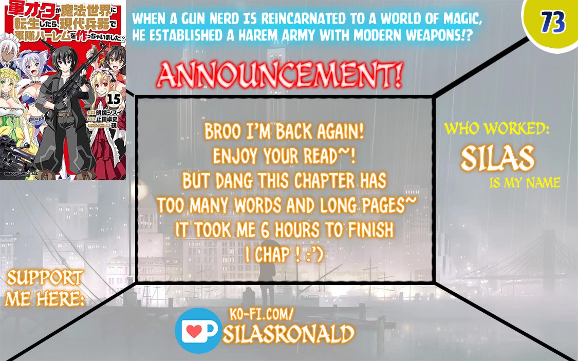 Gunota ga Mahou Sekai ni Tensei Shitara, Gendai Heiki de Guntai Harem o Tsukucchaimashita!? Chapter 73 page 1 - Chapter 73