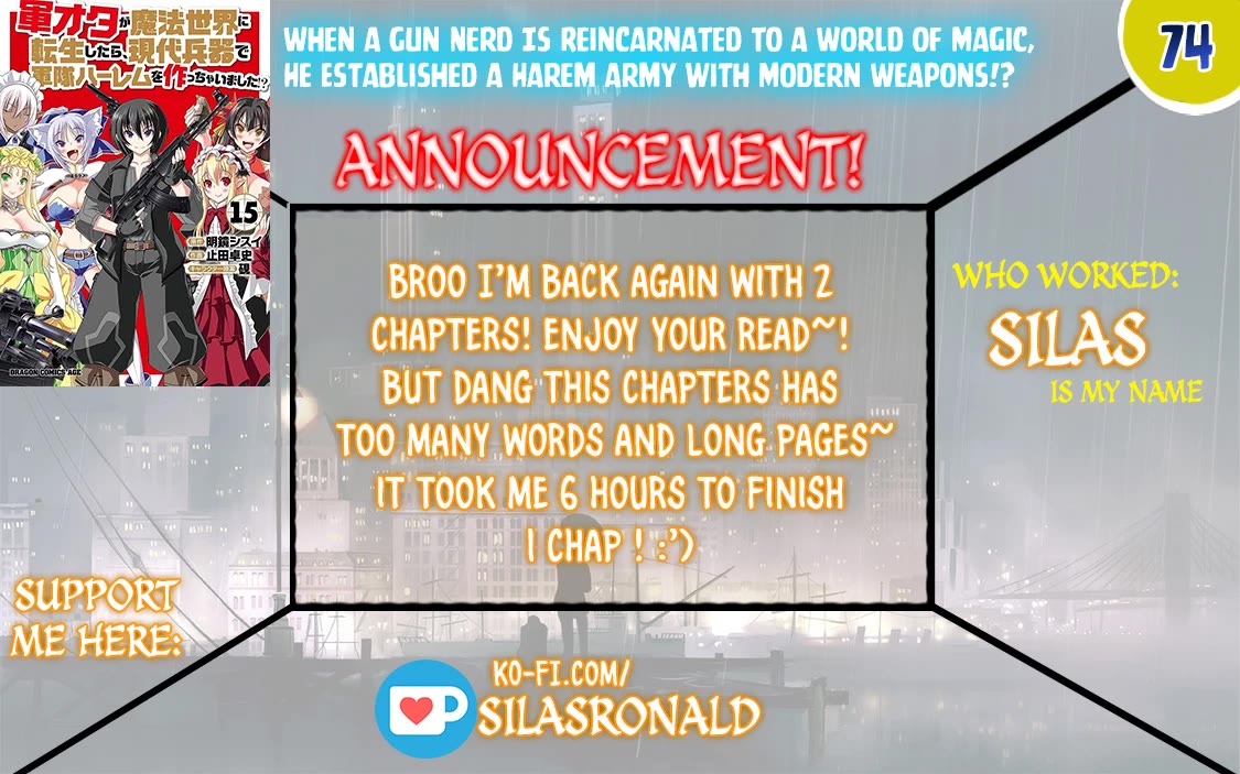 Gunota ga Mahou Sekai ni Tensei Shitara, Gendai Heiki de Guntai Harem o Tsukucchaimashita!? Chapter 74 page 1 - Chapter 74