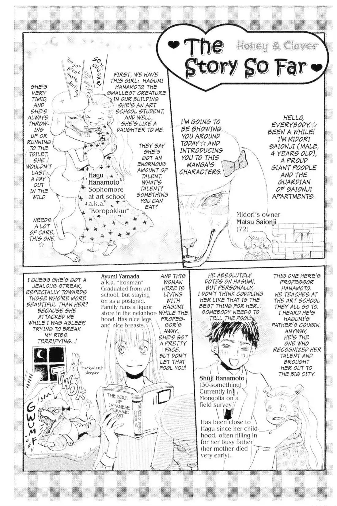 Hachimitsu to Clover Chapter 15.5 page 1 - Vol.2 Honey & Clover: The Story So Far