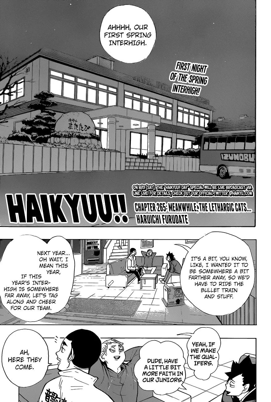 Haikyu!! Chapter 265 page 1 - Chapter 265: Meanwhile, The Lethargic Cats... Haruichi Furudate
