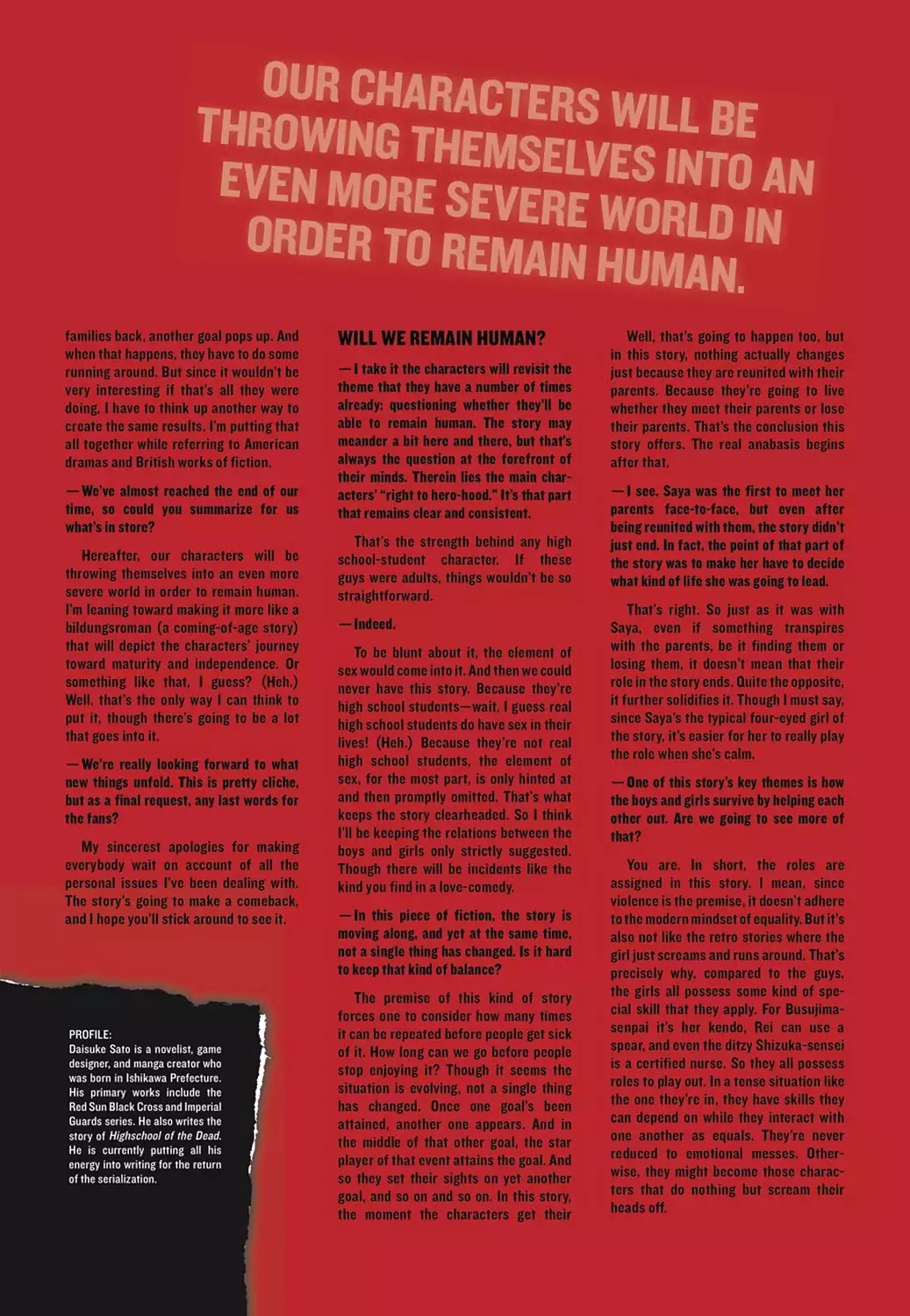 High School of the Dead - Full Color Edition Chapter 29.5 page 2 - Chapter 29.5: In-Depth Interview with Daisuke Sato, Part 3