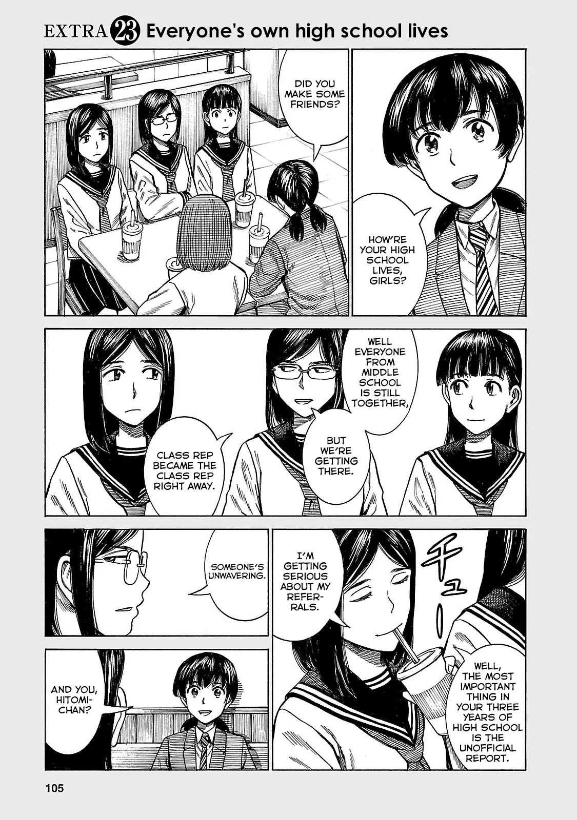 Hinamatsuri Chapter 56.5 page 1 - Chapter 56.5: Everyone's own high school lives