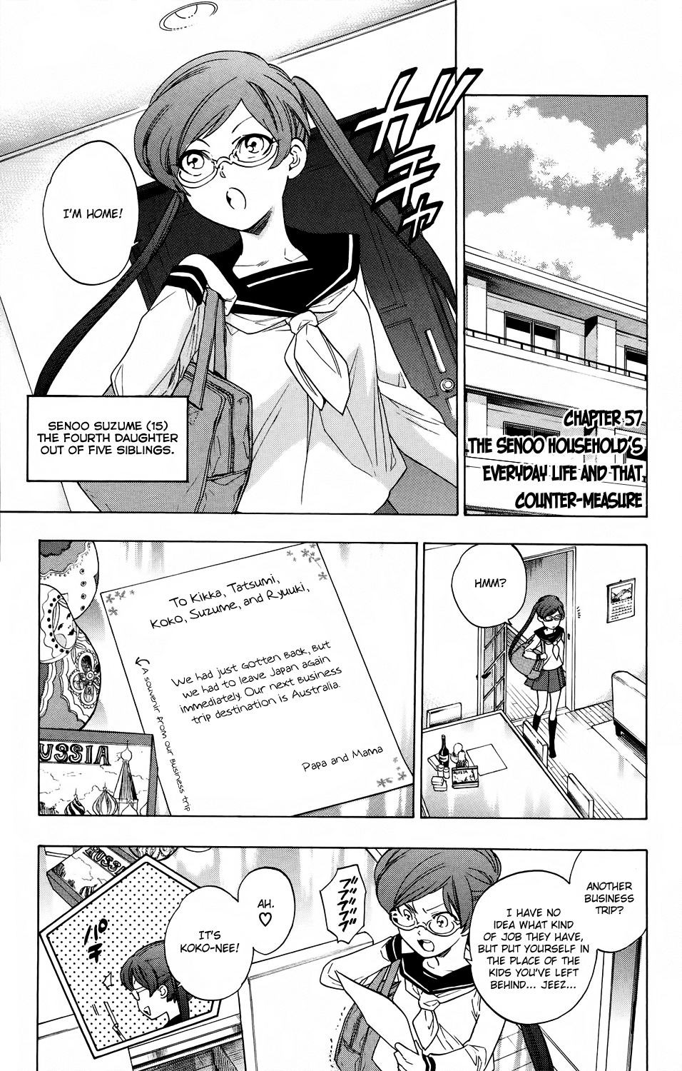 Hokenshitsu no Shinigami Chapter 57 page 1 - Chapter 57: The Senoo's Household's Everyday Life And That Counter-measure