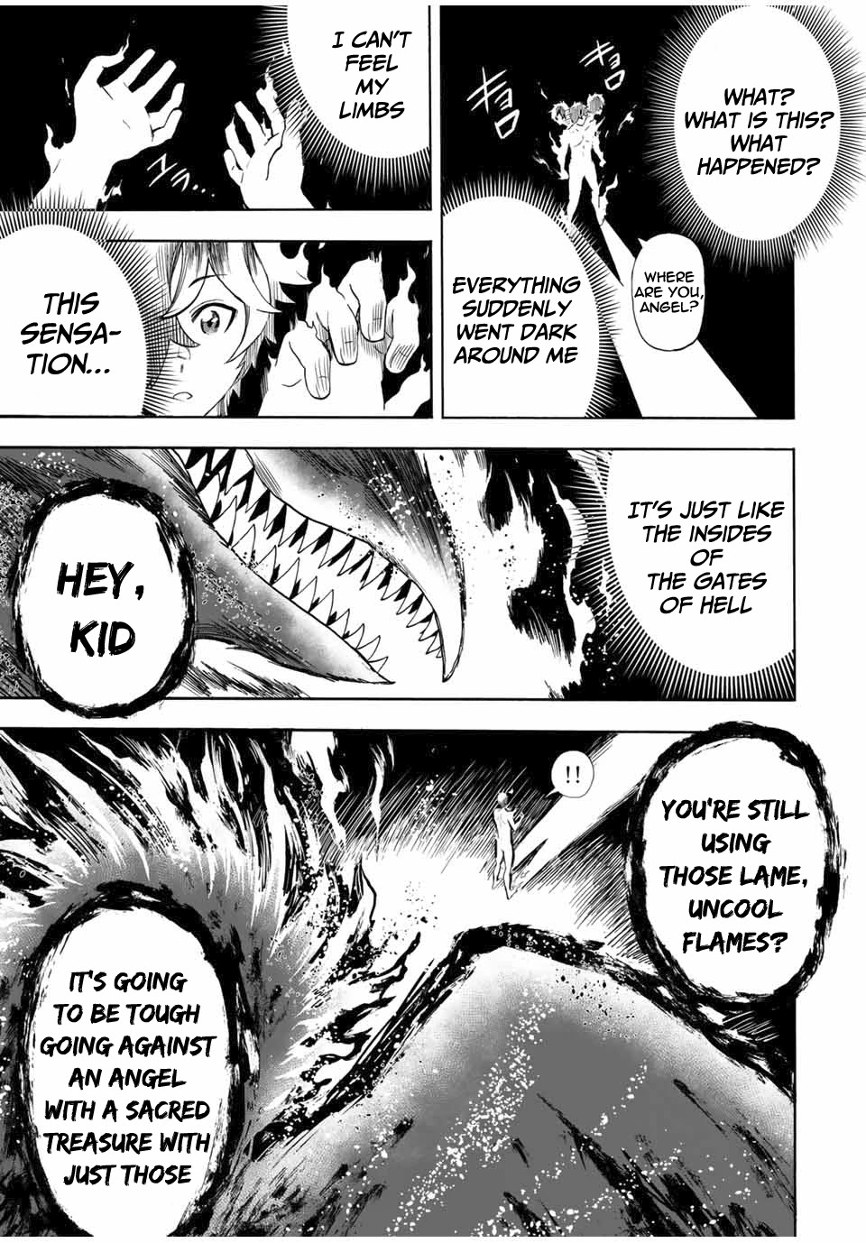 Jigoku no Gouka de Yaka re Tsuzuketa Shounen. Saikyou no Honou Tsukai to Natte Fukkatsu Suru. Chapter 24 page 12 - Chapter 24: BOSS - Rank 8 Angel of The Holy Angel Church, Marciel