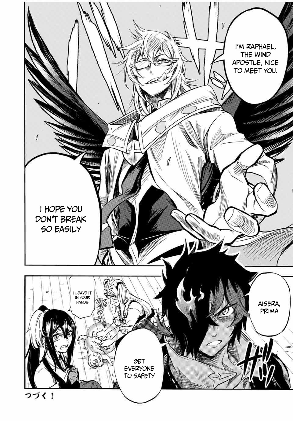 Jigoku no Gouka de Yaka re Tsuzuketa Shounen. Saikyou no Honou Tsukai to Natte Fukkatsu Suru. Chapter 31 page 12 - Chapter 31: BOSS - fight against the wind apostle of the church of the holy angels, Raphael part 1