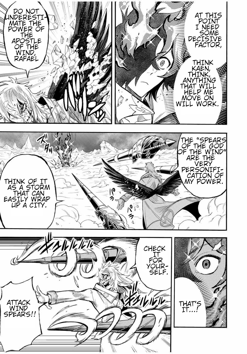 Jigoku no Gouka de Yaka re Tsuzuketa Shounen. Saikyou no Honou Tsukai to Natte Fukkatsu Suru. Chapter 36 page 4 - Chapter 36: Fight against the apostle of the wind of the church of the holy angels, Rafael Part 5