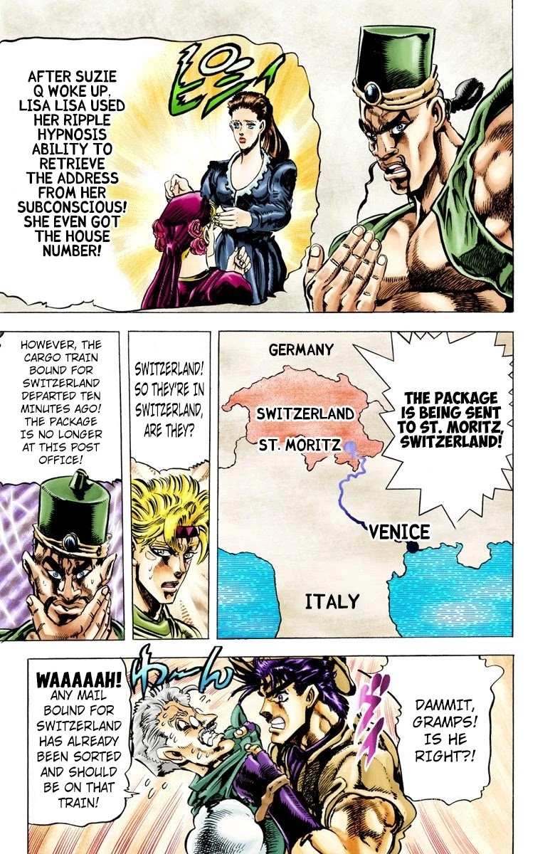 JoJo's Bizarre Adventure Part 2 - Battle Tendency (Official Colored) Chapter 39 page 7 - Chapter 39: Chasing the Red Stone to Swizerland