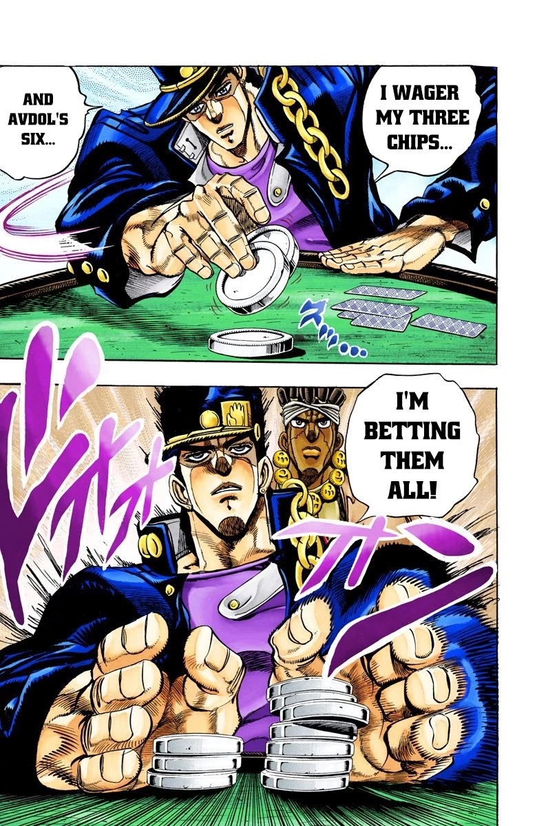 JoJo's Bizarre Adventure Part 3 - Stardust Crusaders (Official Colored) Chapter 102 page 12 - Chapter 102: D'arby the Gambler Part 5