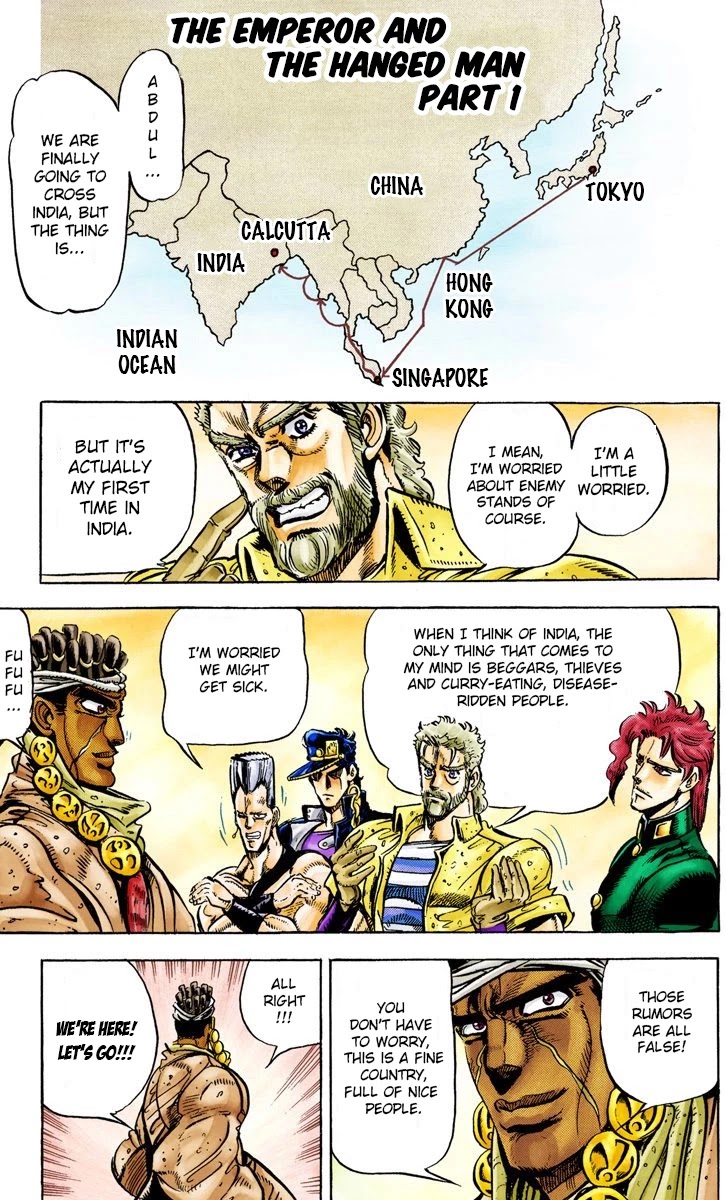 JoJo's Bizarre Adventure Part 3 - Stardust Crusaders (Official Colored) Chapter 27 page 1 - Chapter 27: The Emperor and the Hanged Man Part 1
