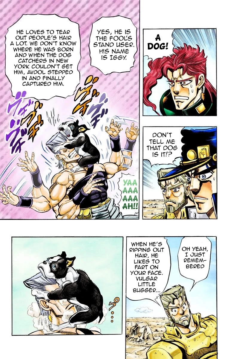JoJo's Bizarre Adventure Part 3 - Stardust Crusaders (Official Colored) Chapter 70 page 13 - Chapter 70: 'The Fool' Iggy and 'Geb' N'doul Part 1
