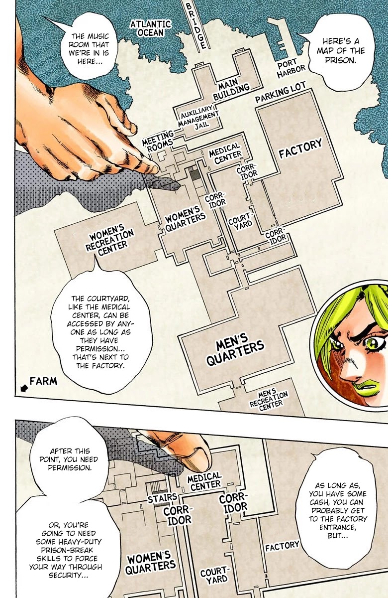 JoJo's Bizarre Adventure Part 6 - Stone Ocean (Official Colored) Chapter 40 page 12 - Chapter 40: Operation Savage Garden (Get to the Courtyard!) Part 1