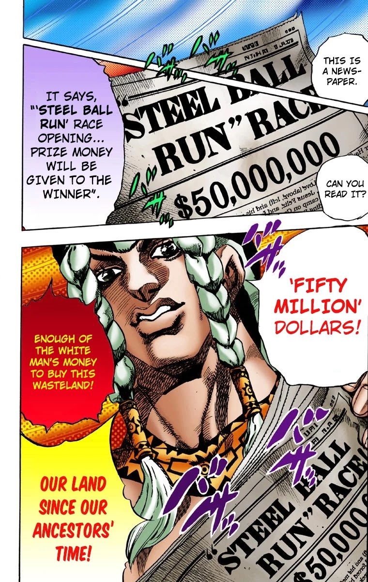 JoJo's Bizarre Adventure Part 7 - Steel Ball Run (Official Colored) Chapter 1 page 22 - Chapter 1: The Steel Ball Run Press Conference