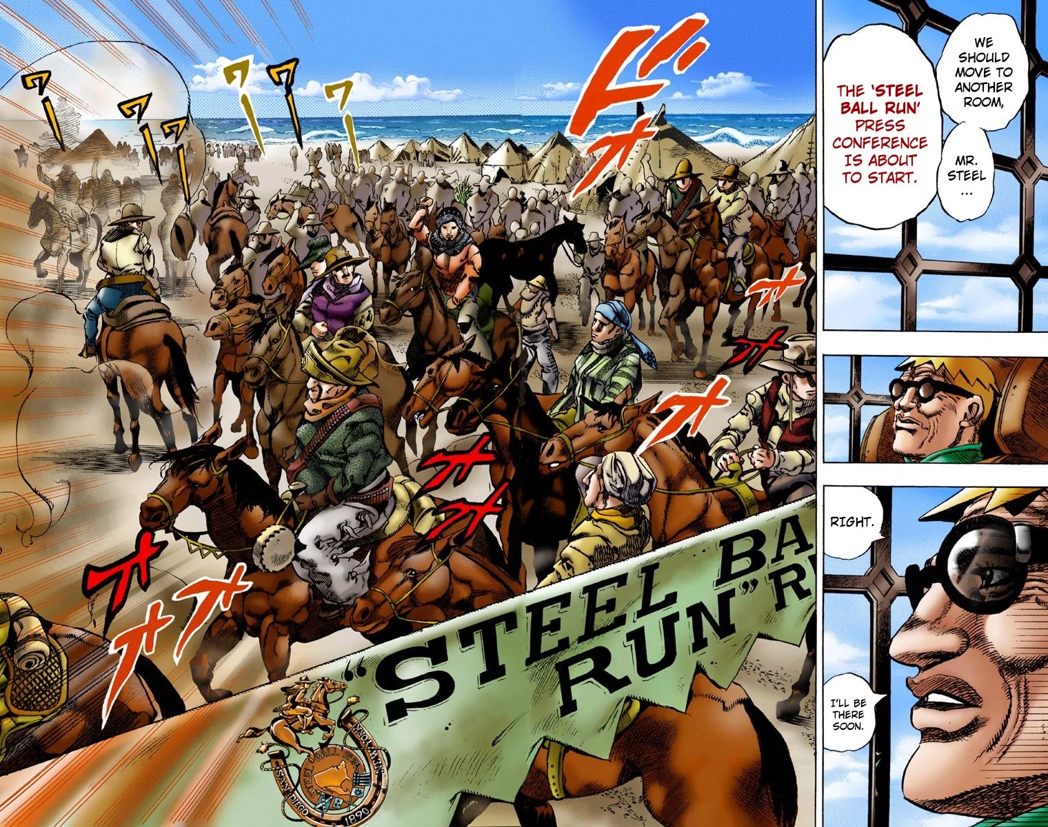 JoJo's Bizarre Adventure Part 7 - Steel Ball Run (Official Colored) Chapter 1 page 26 - Chapter 1: The Steel Ball Run Press Conference