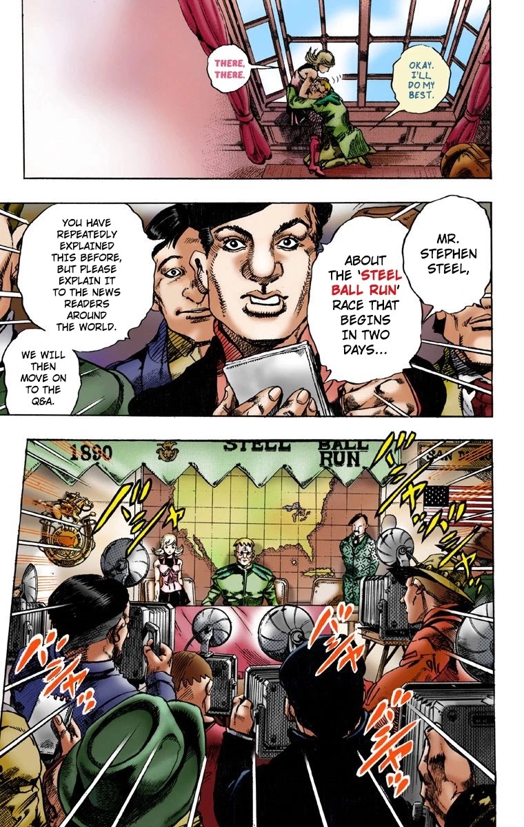 JoJo's Bizarre Adventure Part 7 - Steel Ball Run (Official Colored) Chapter 1 page 29 - Chapter 1: The Steel Ball Run Press Conference