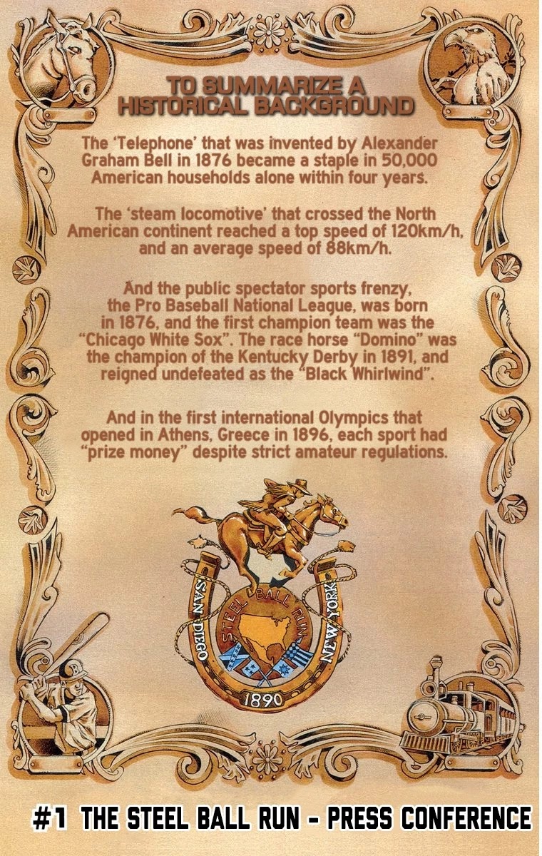 JoJo's Bizarre Adventure Part 7 - Steel Ball Run (Official Colored) Chapter 1 page 3 - Chapter 1: The Steel Ball Run Press Conference