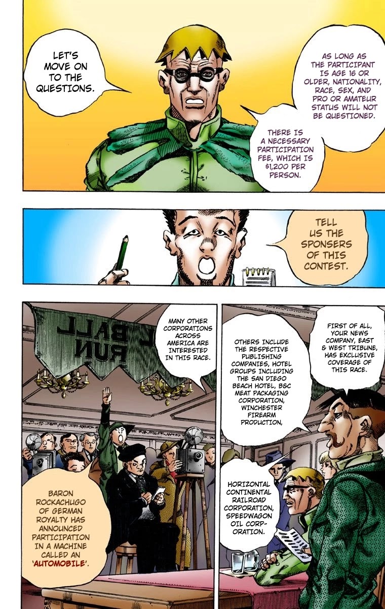 JoJo's Bizarre Adventure Part 7 - Steel Ball Run (Official Colored) Chapter 1 page 31 - Chapter 1: The Steel Ball Run Press Conference