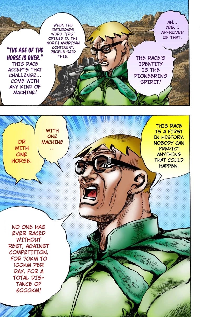 JoJo's Bizarre Adventure Part 7 - Steel Ball Run (Official Colored) Chapter 1 page 32 - Chapter 1: The Steel Ball Run Press Conference