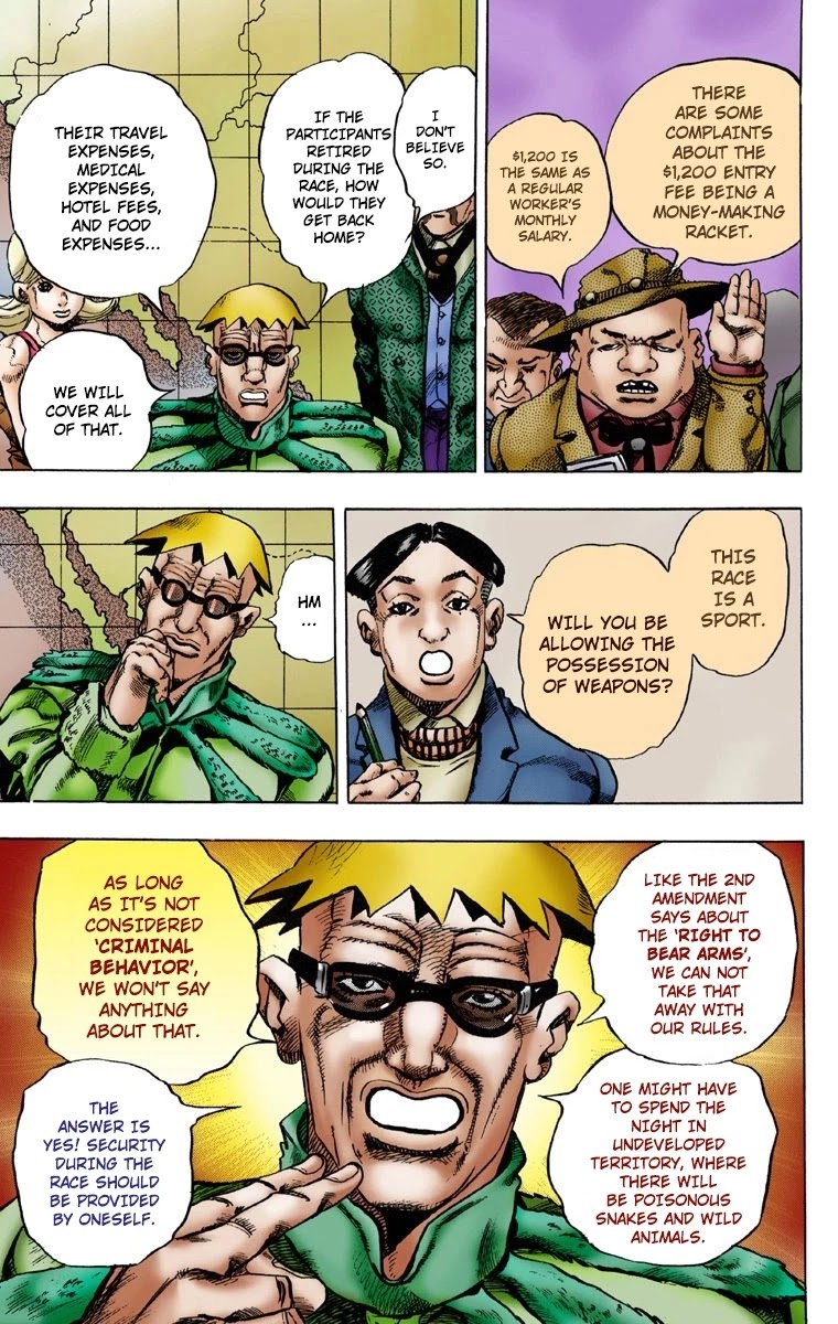 JoJo's Bizarre Adventure Part 7 - Steel Ball Run (Official Colored) Chapter 1 page 34 - Chapter 1: The Steel Ball Run Press Conference