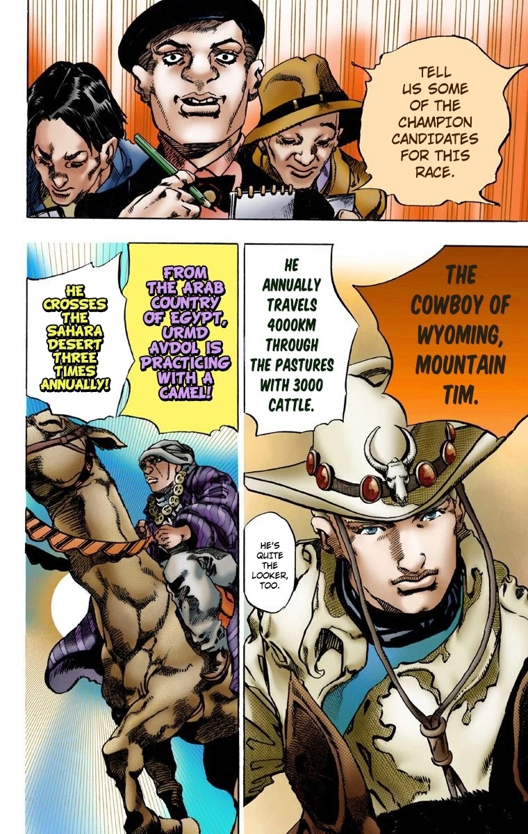 JoJo's Bizarre Adventure Part 7 - Steel Ball Run (Official Colored) Chapter 1 page 35 - Chapter 1: The Steel Ball Run Press Conference